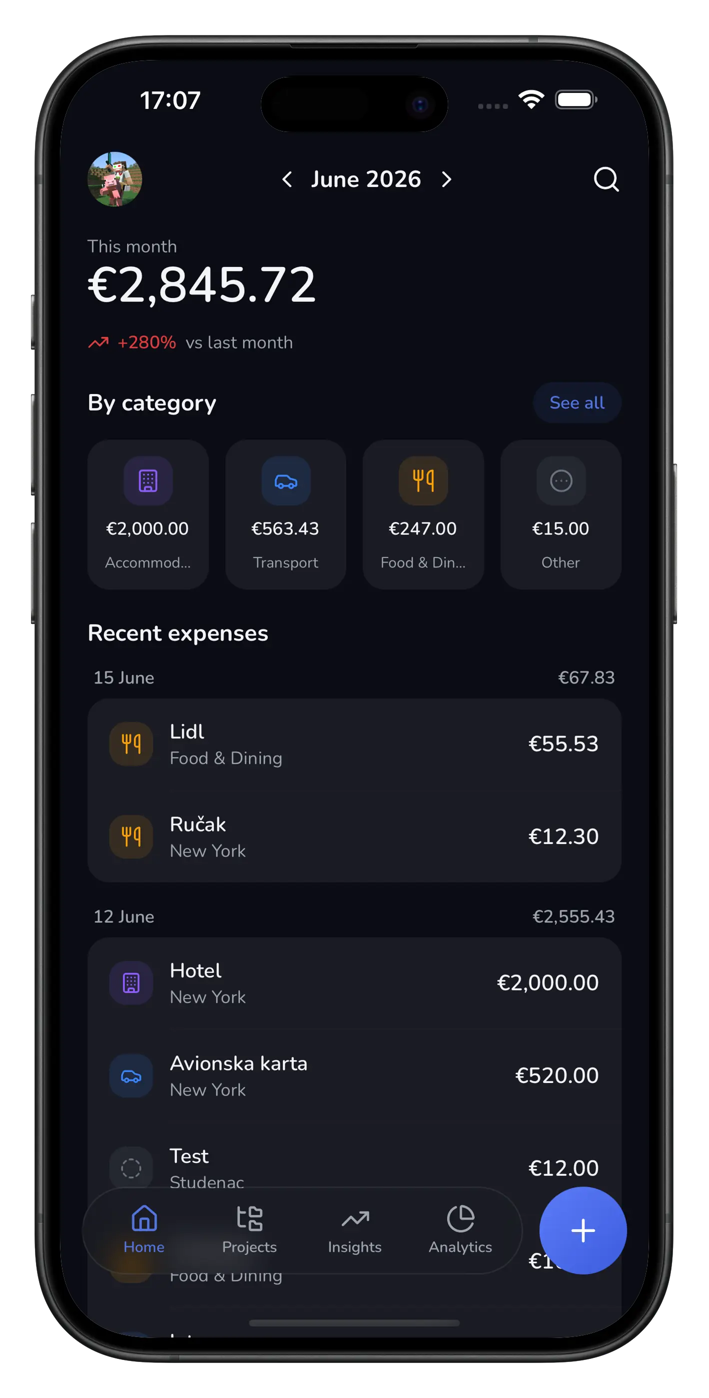 Qenty dashboard: monthly spend, categories and recent expenses
