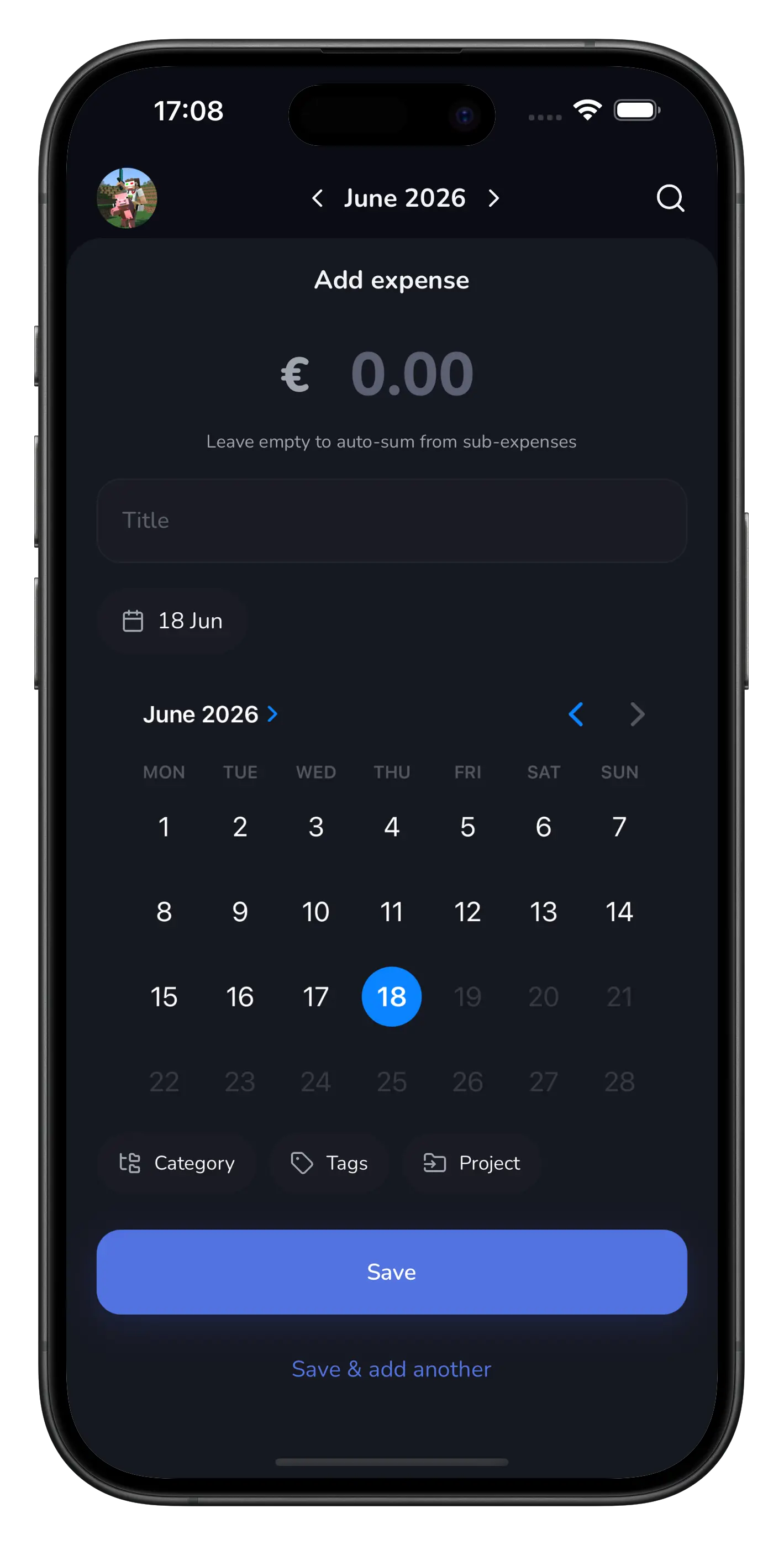 Qenty: add an expense with date, category and tags